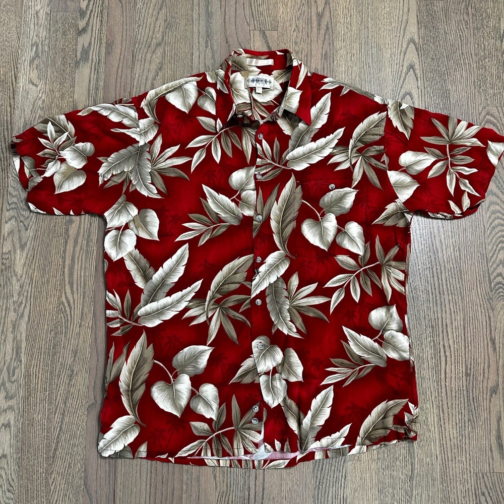 CAMPIA MODA Mens Large Red Tropical Hawaiian‎ Shirt Leafy Floral Rayon